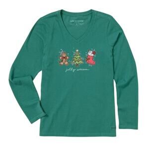 Life is Good Women's Jolly Season Xmas Long Sleeve Crusher Vee Tee Green Large